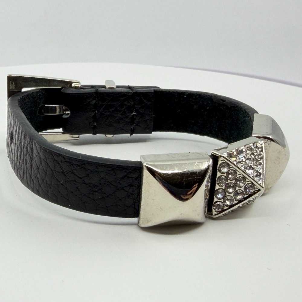 Genuine Leather Crystal Buckle Bracelet Gothic Punk Statement Cuff Accessory - Picture 6 of 12